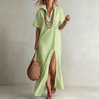 V-neck short sleeved striped split cotton linen dress