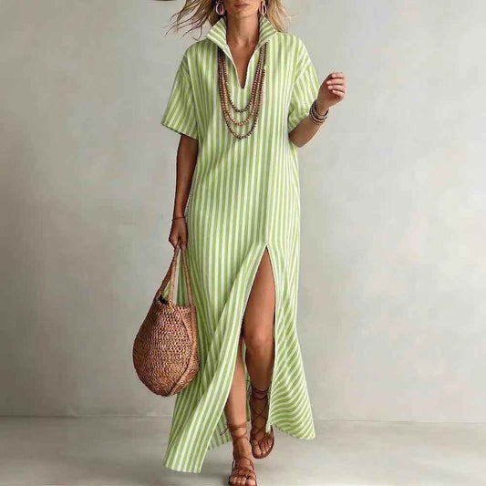 V-neck short sleeved striped split cotton linen dress