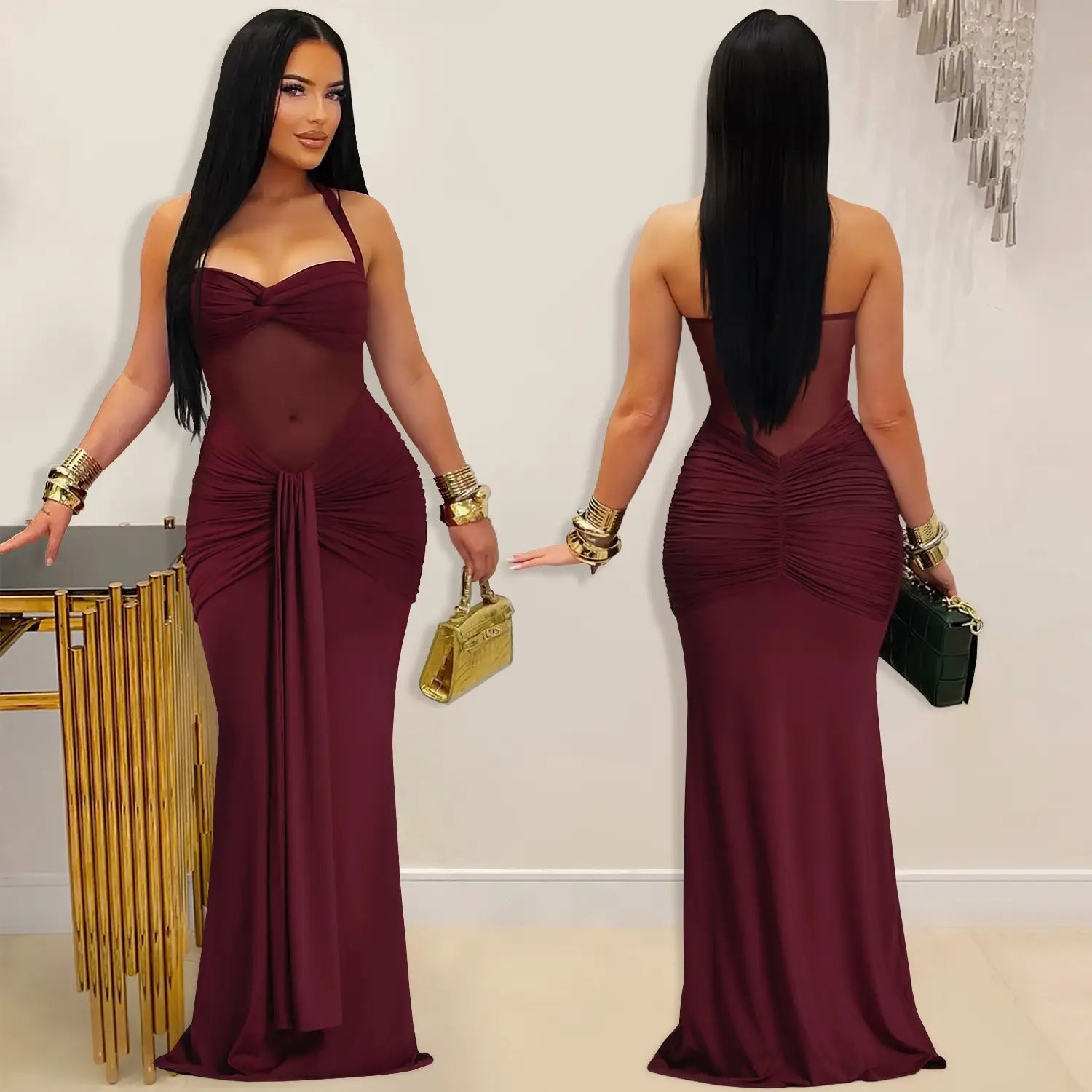 Fashion women’s sexy sheer mesh halter tie-back dress