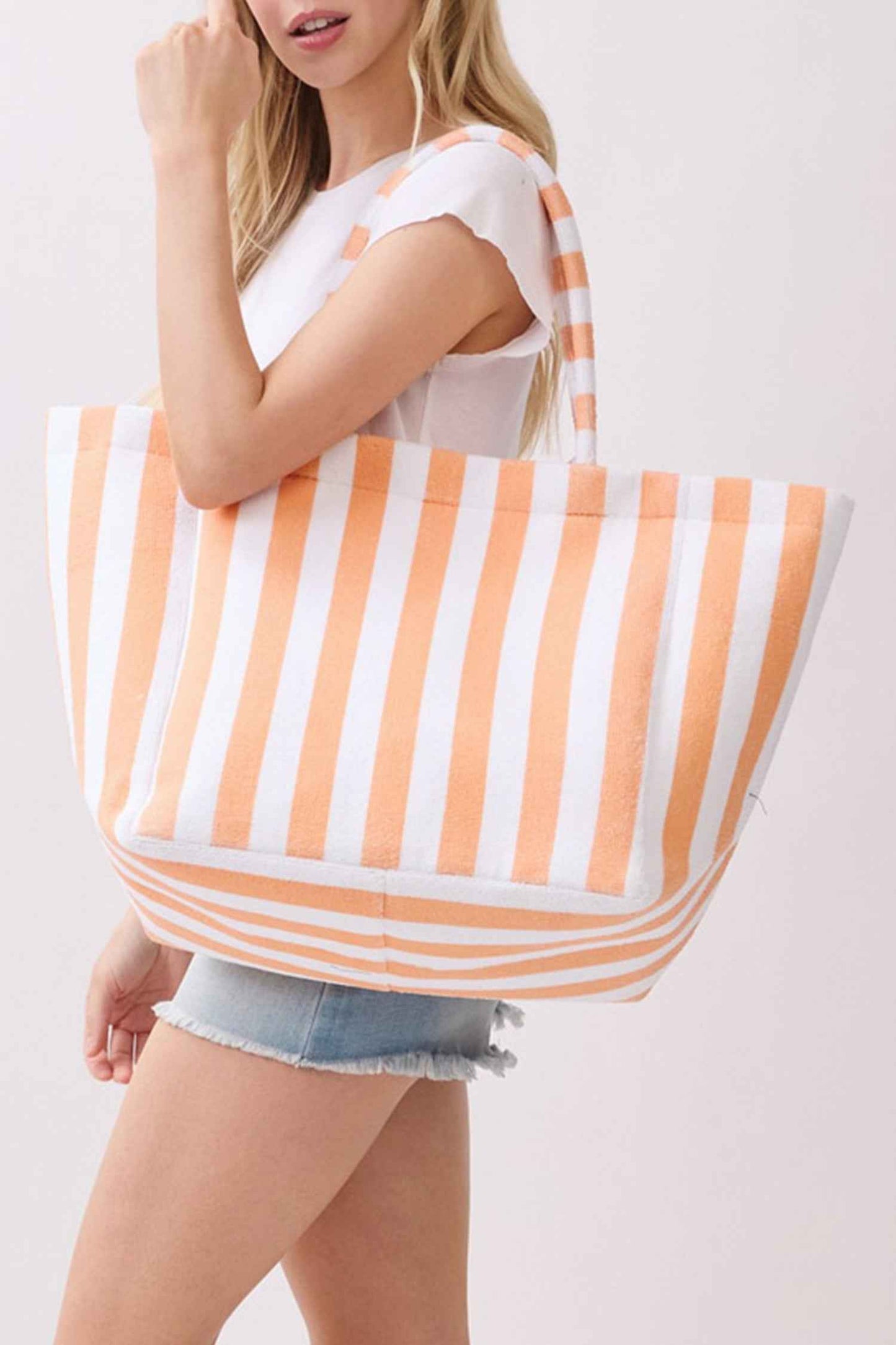 Grapefruit Orange Striped Terry Large Beach Tote Bag