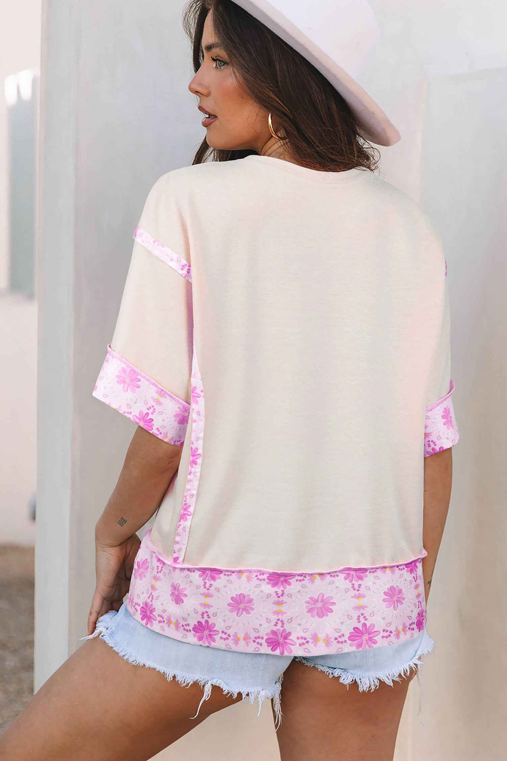 Apricot Daisy Floral Bow Contrast Patchwork Loose T Shirt