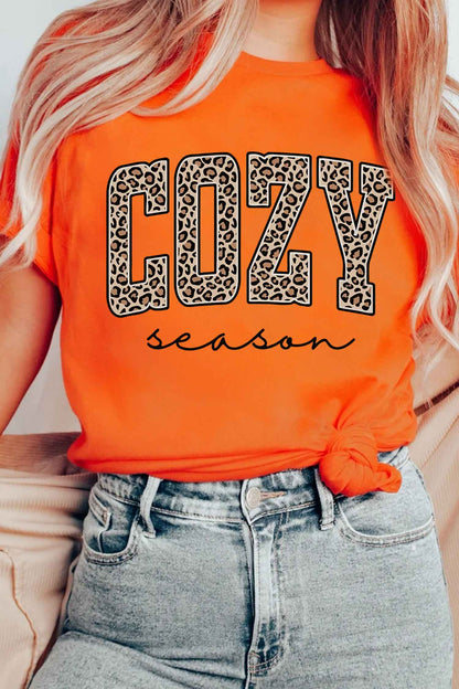 Orange COZY season Leopard Letter Graphic Casual Round Neck T Shirt