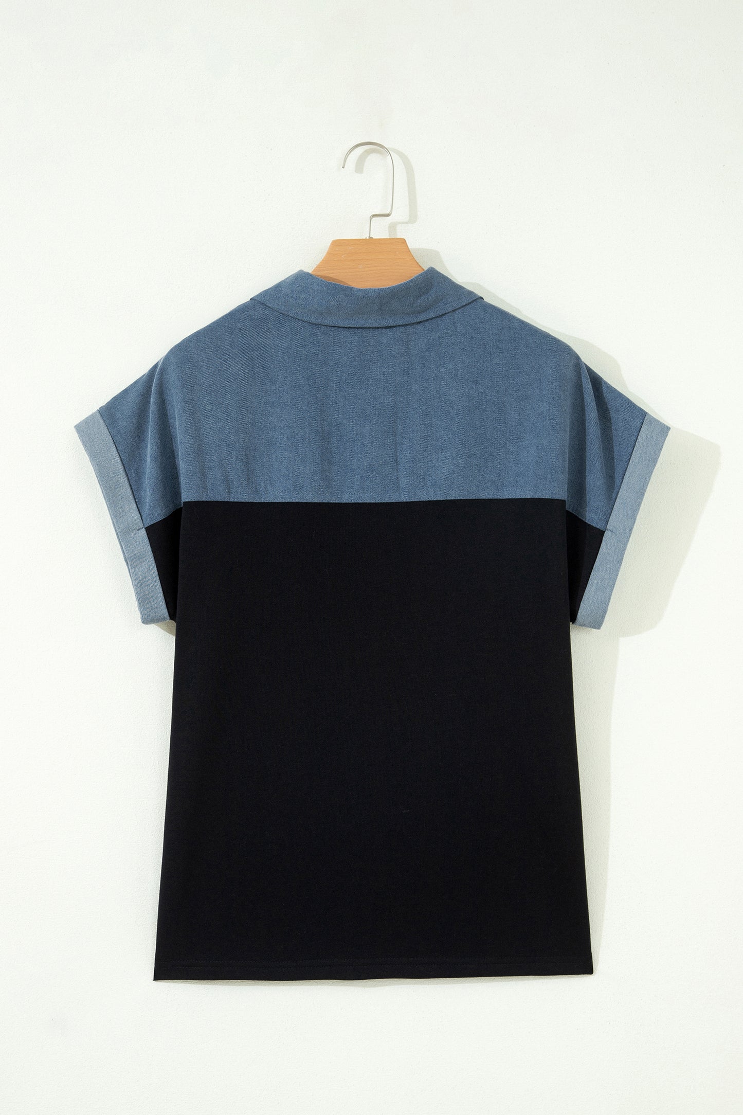 Light Grey Color Block Denim Patchwork Button Polo Collar Short Sleeve Top