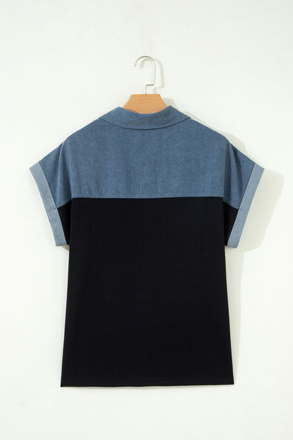 Light Grey Color Block Denim Patchwork Button Polo Collar Short Sleeve Top