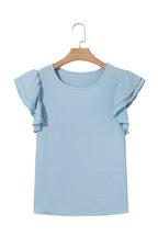Clearly Aqua Solid Color Ruffle Sleeve Crinkled Blouse