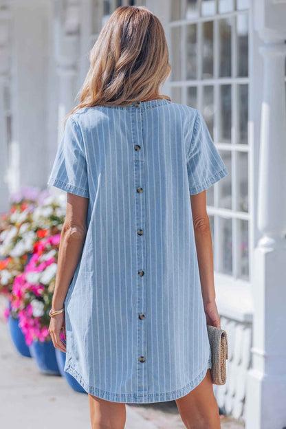 Sky Blue Stripe Buttoned Back T-Shirt Denim Mini Dress