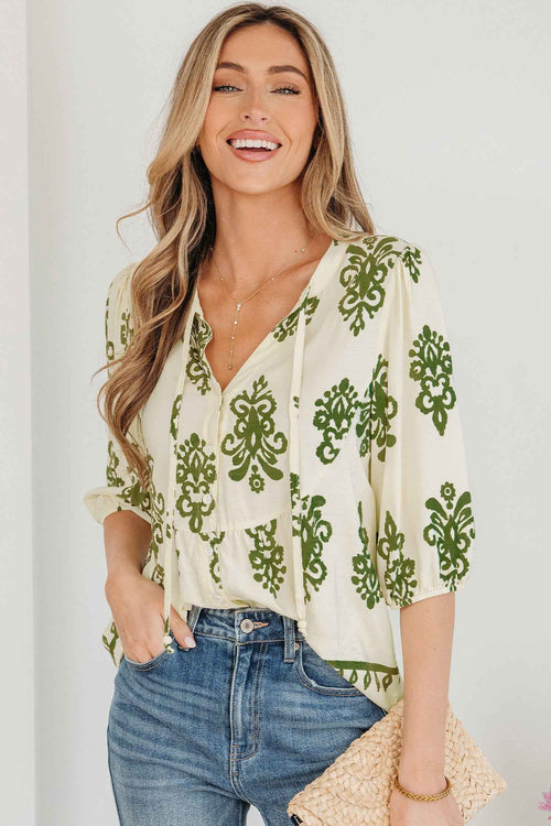 Apricot Floral Print Tie V Neck Button Down Puffy Half Sleeve Shirt