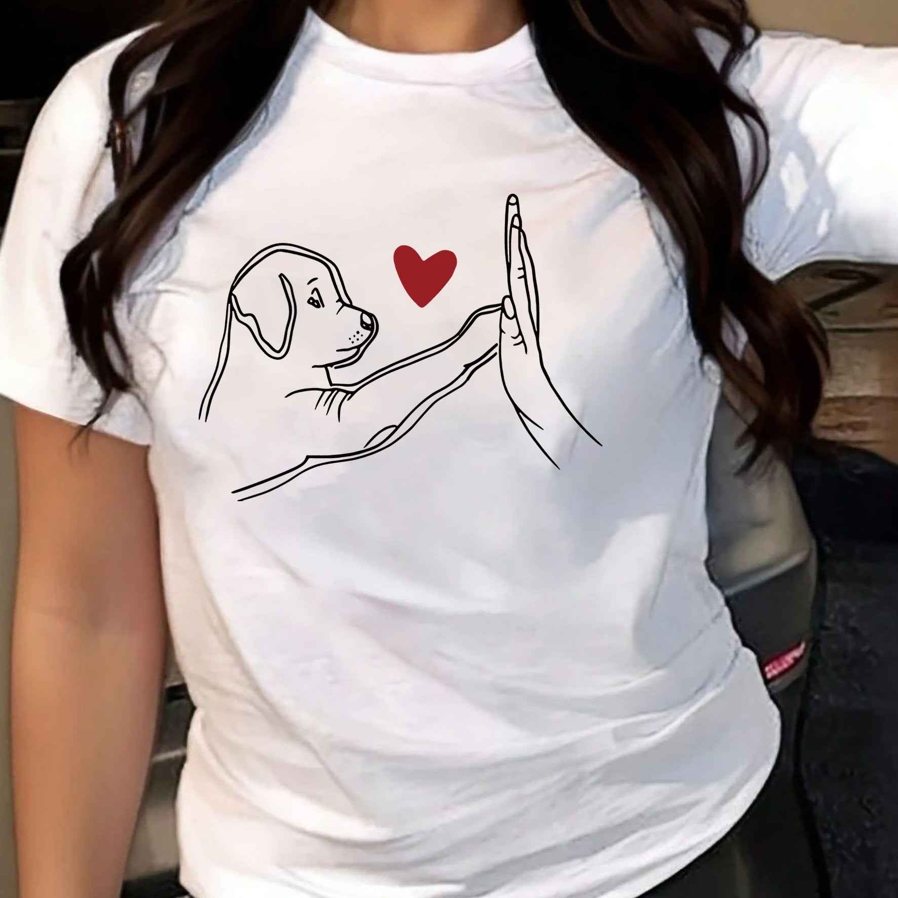 Womens Dog Heart Print Casual Short Sleeve Tee