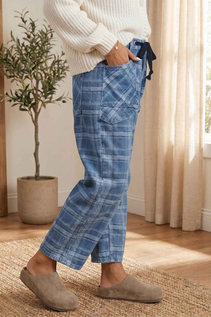 Sky Blue Plaid Denim Grommet Drawstring Waist Ankle-Length Jeans