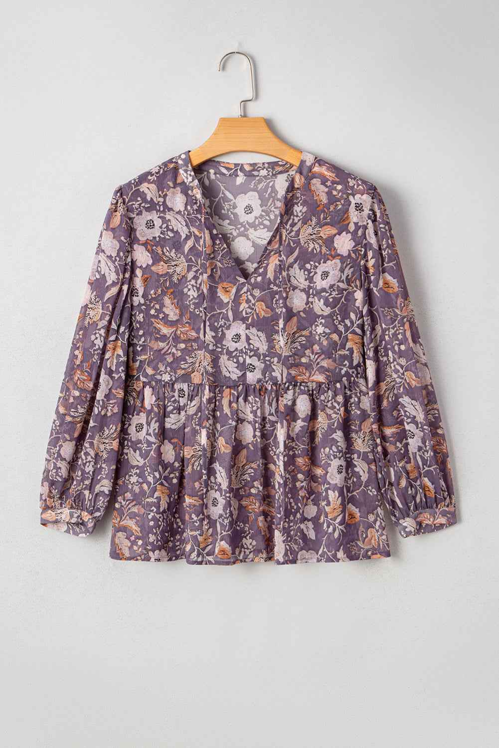 Blue Boho Floral Print 3/4 Sleeve Babydoll Blouse