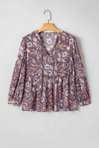 Blue Boho Floral Print 3/4 Sleeve Babydoll Blouse