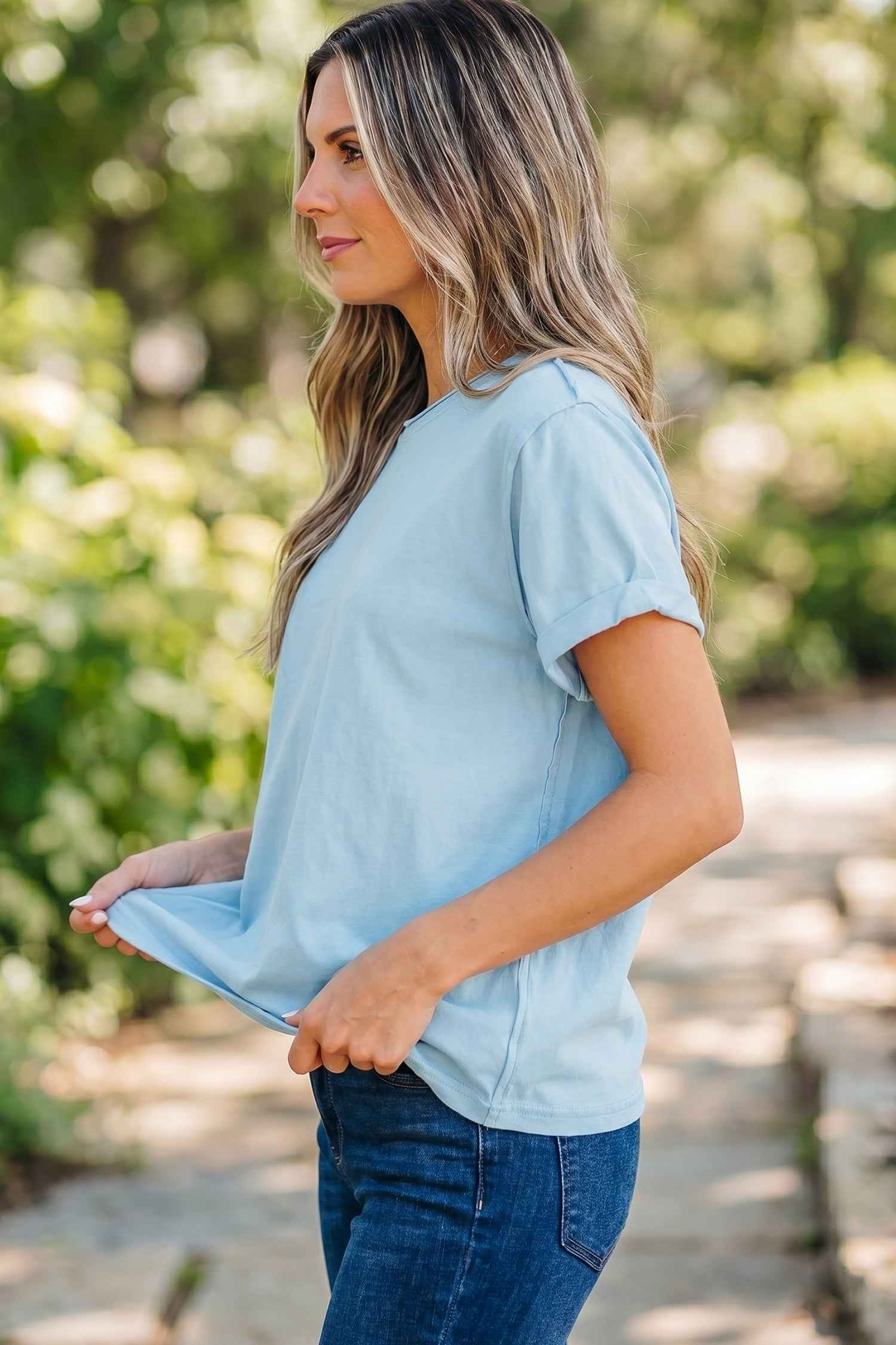 Myosotis Solid Color Round Neck Casual T Shirt