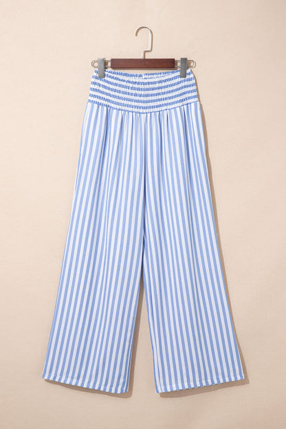 Black Stripe Shirred High Waist Loose Summer Pants