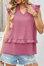 Four Leaf Clover Notched V Neck Ruffle Detail Tank Top