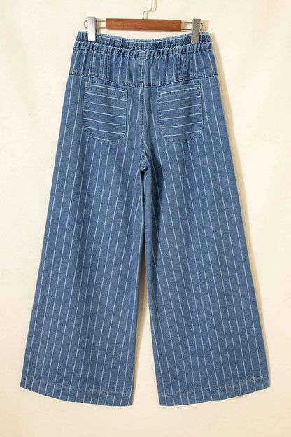 Sky Blue Stripe Plus Size Buttoned Loose Wide Leg Denim Pants