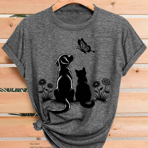 2026 Womens Chic Cat Dog Butterfly Print Summer Tee