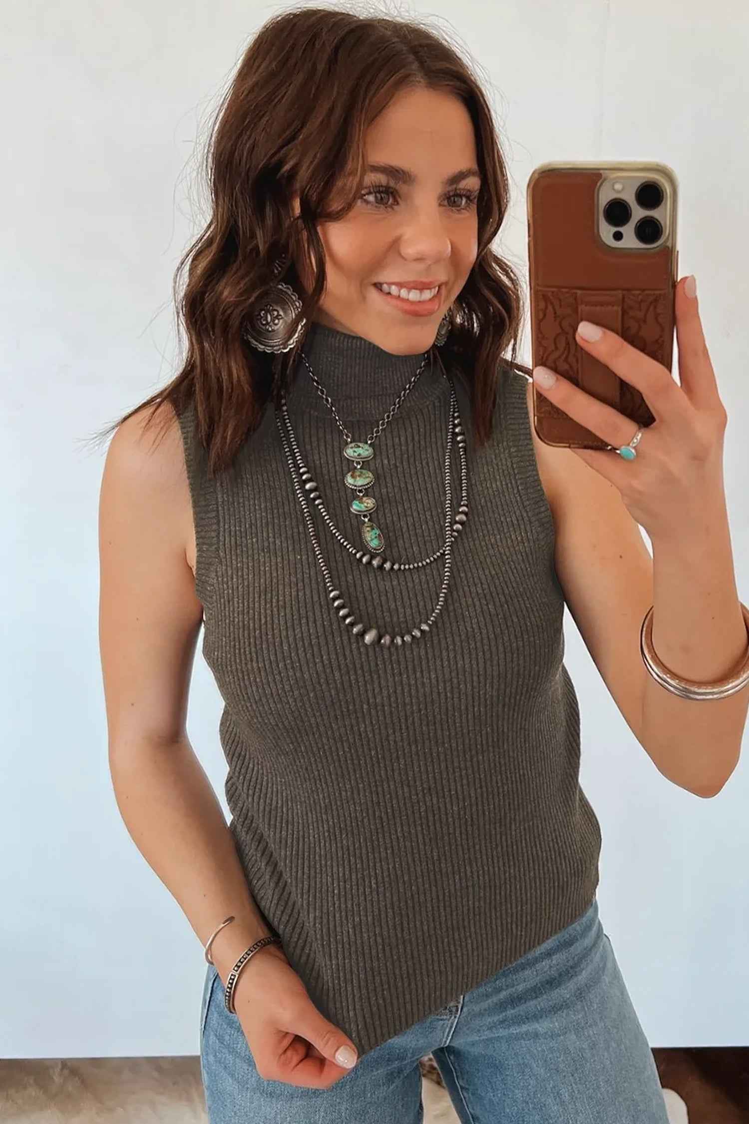 Chicory Coffee Western High Neck Sleeveless Ribbed Knit Vest Regular Fit Waist Slim Sheath One Piece Daily Wear