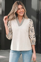 Grass Green Floral Puff Sleeve Contrast V Neck Patchwork Blouse