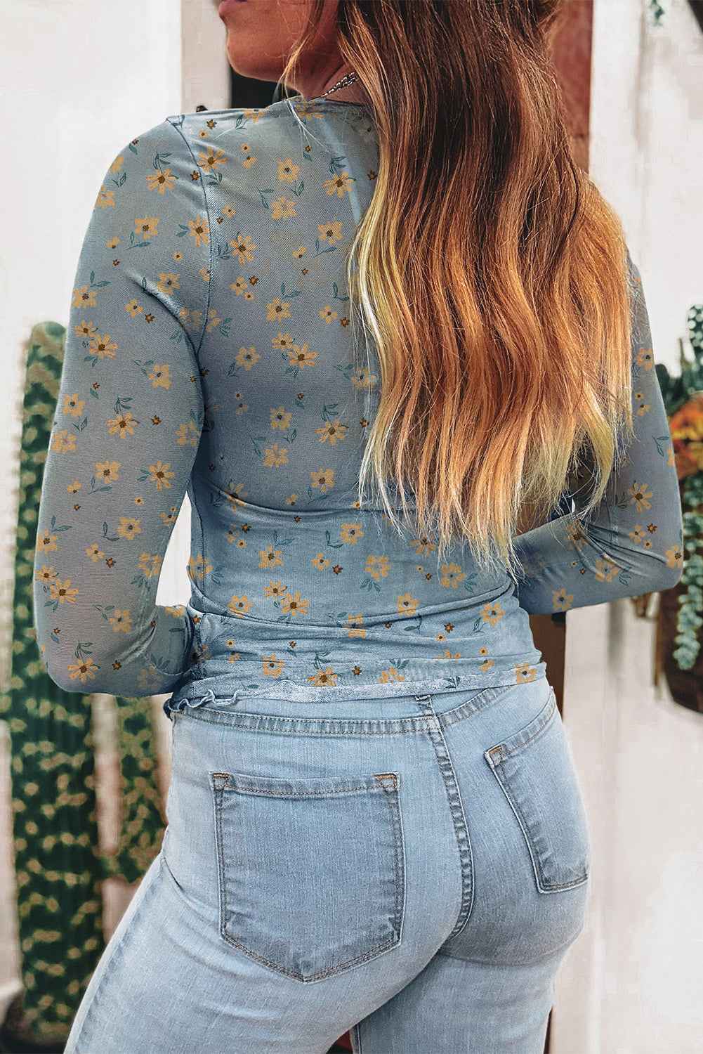 Sky Blue Floral Print Mesh Slim Fit Long Sleeve Top