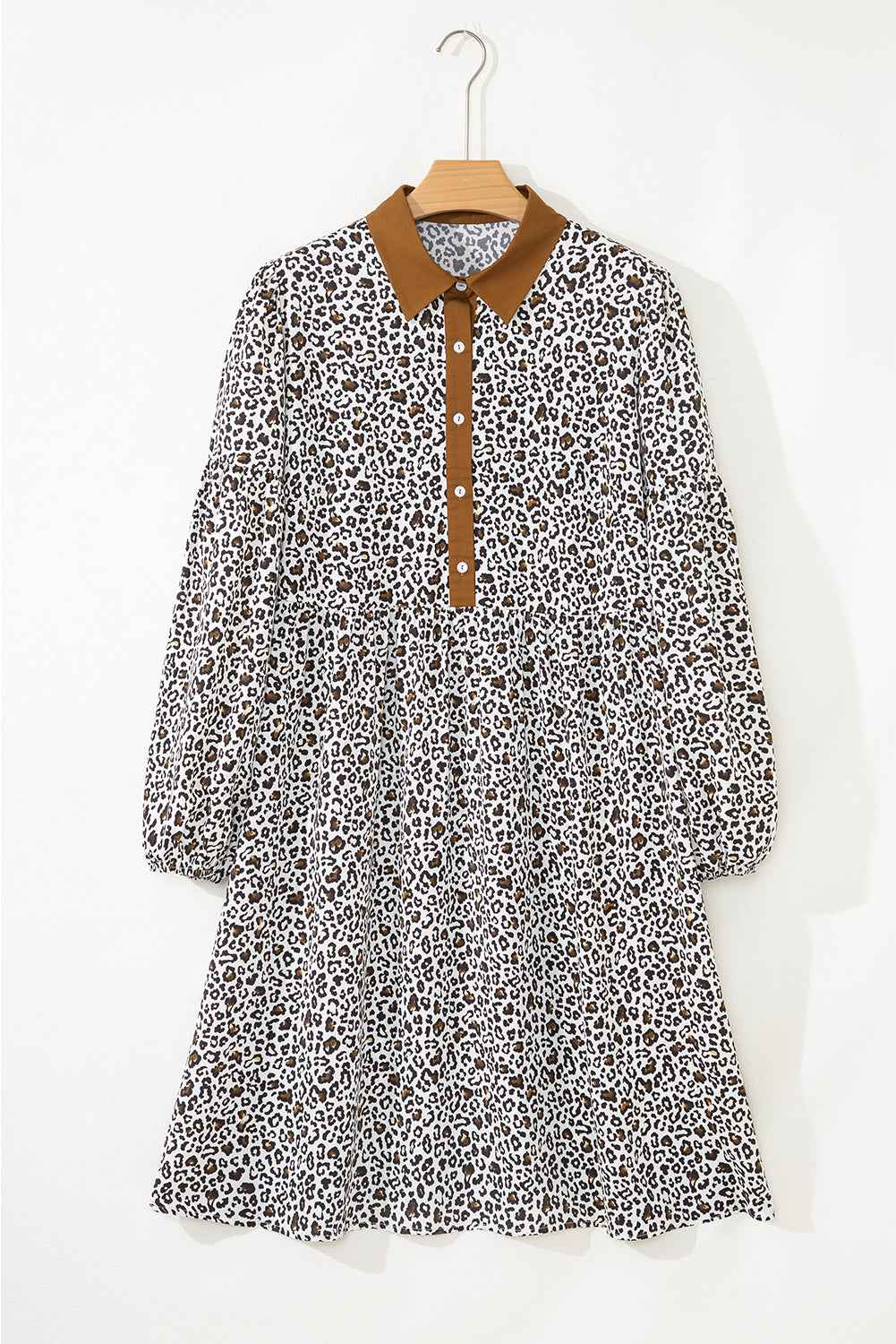 Khaki Plus Size Button V Neck Leopard Print Puff Sleeve Loose Mini Dress