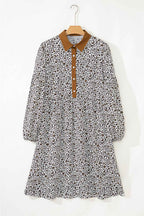 Khaki Plus Size Button V Neck Leopard Print Puff Sleeve Loose Mini Dress