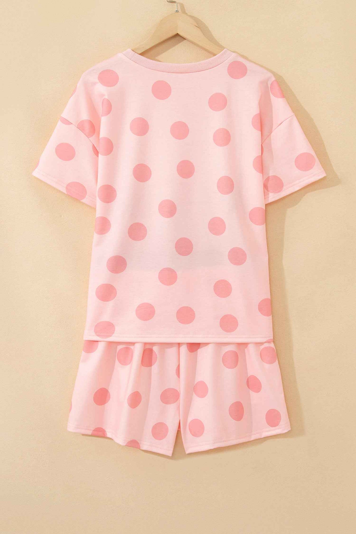 Pink Polka Dot Print Loose Tee Drawstring Elastic Waist Short Set