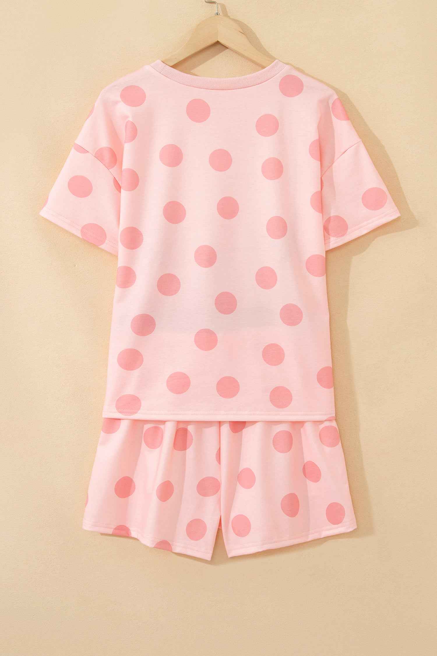 Pink Polka Dot Print Loose Tee Drawstring Elastic Waist Short Set