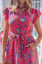 Rose Flutter Sleeve Belted Floral Long Dress