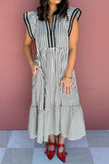 Black Stripe Plus Size Slit V Neck Tiered Flutter Sleeve Maxi Dress