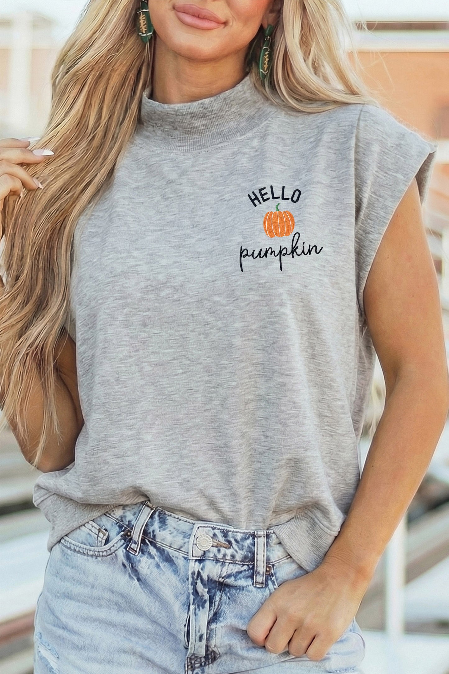 Light Grey HELLO Pumpkin Embroidered Graphic High Neck Cap Sleeve Top