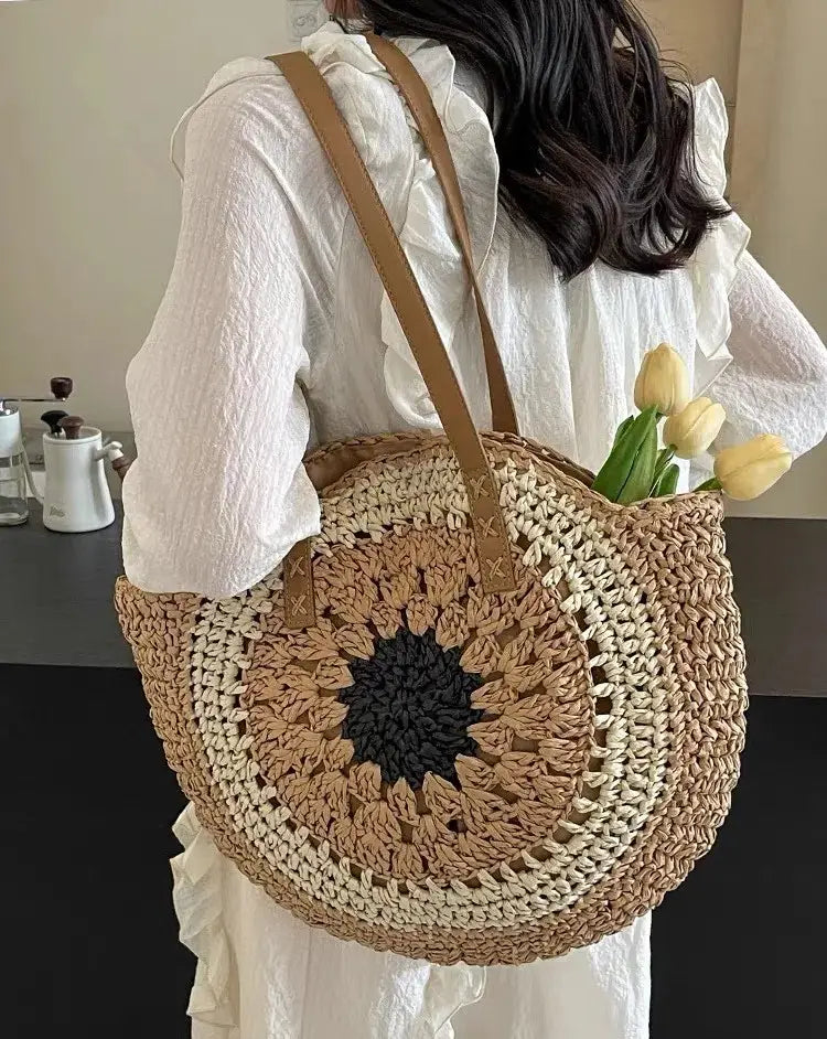 Paper rope hollow out colorful round plate grass woven bag casual beach bag one shoulder fashionable woven bag