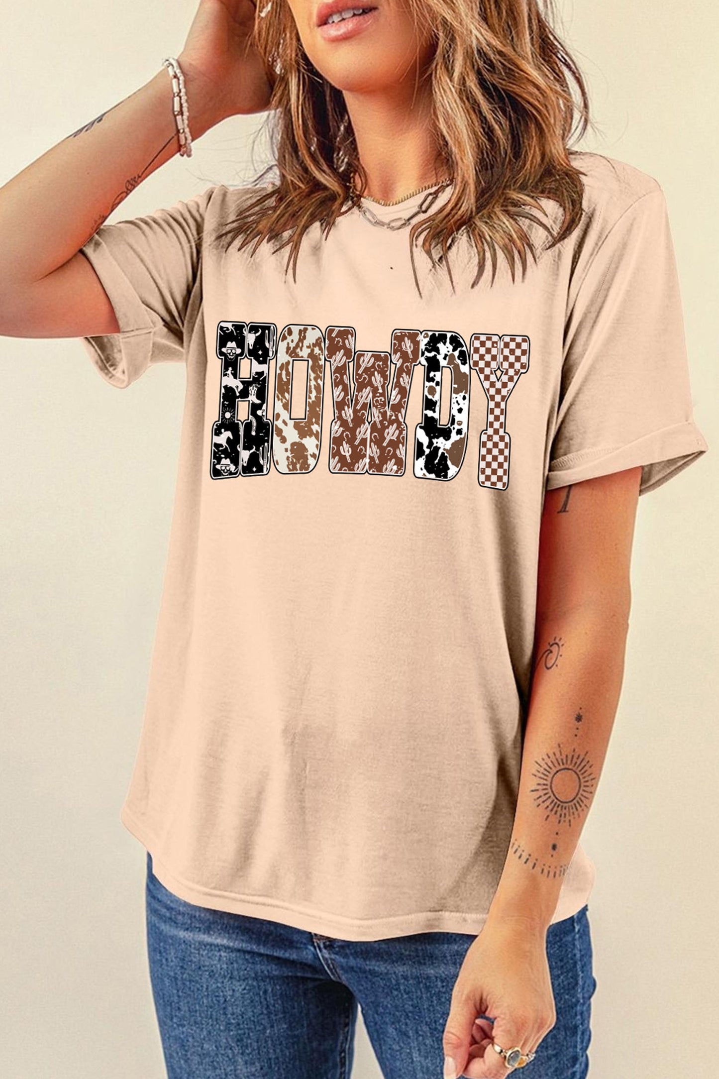 Khaki Western HOWDY Slogan Casual Graphic T-Shirt