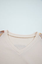 Beige Paisley Ethnic Print Waffle Patchwork Long Sleeve Loose Top