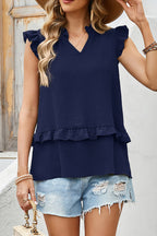 Four Leaf Clover Notched V Neck Ruffle Detail Tank Top