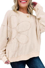 Beige Flower Pattern Round Neck Long Sleeve Plus Size Top