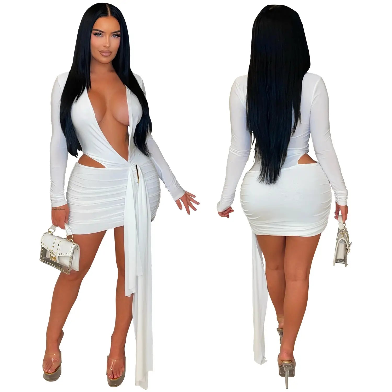 Fashion Women's Sexy Deep V Neck Solid Color Ribbon Dress Mini Dress