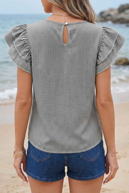 Black Stripe Striped Ruffle Sleeve Short Sleeve Round Neck Casual Shift Blouse