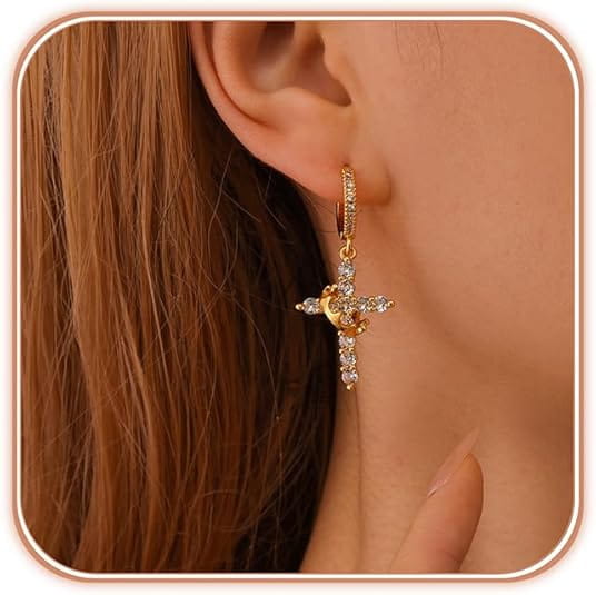 Rotating crown cross earrings set with zircon