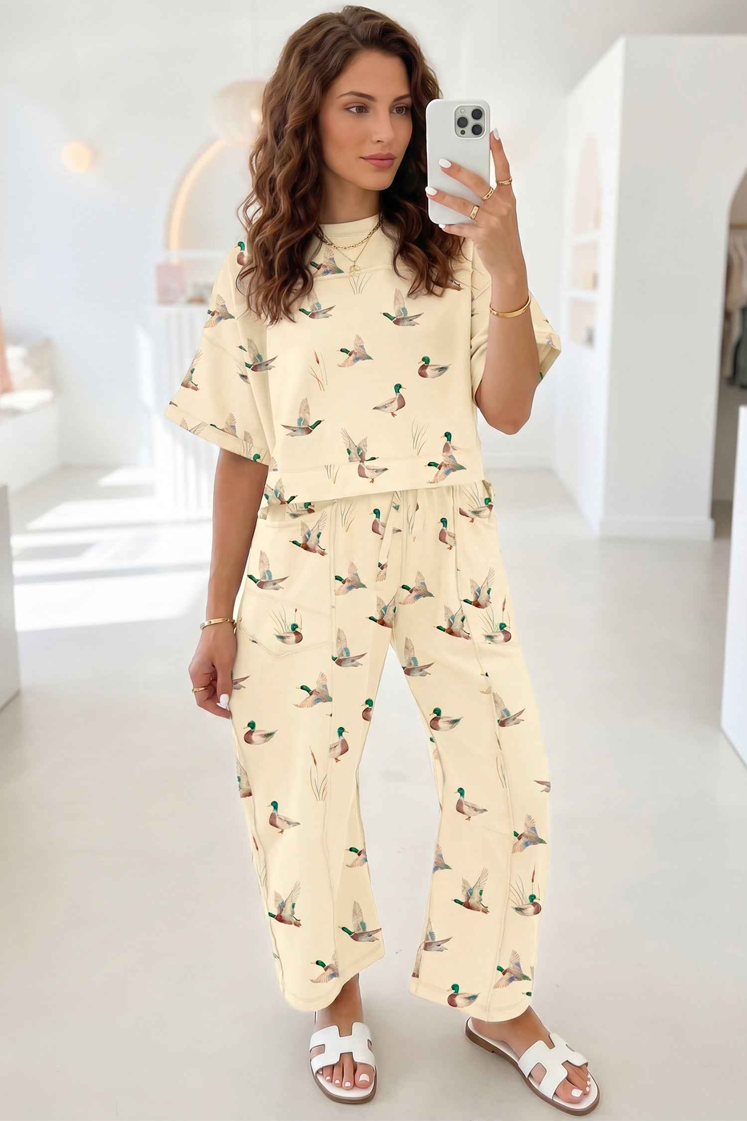 Beige Duck Print Short Sleeve Top Pocket Pants 2pcs Casual Set