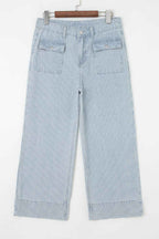 Sky Blue Striped Button Flap Pocket Cuffed Hem Wide Leg Jeans
