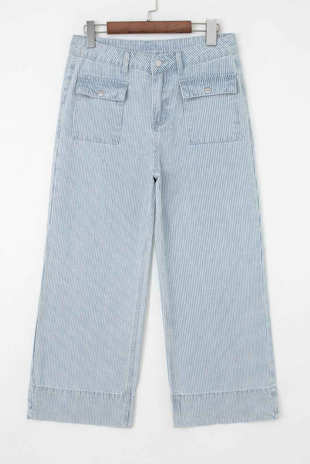 Sky Blue Striped Button Flap Pocket Cuffed Hem Wide Leg Jeans