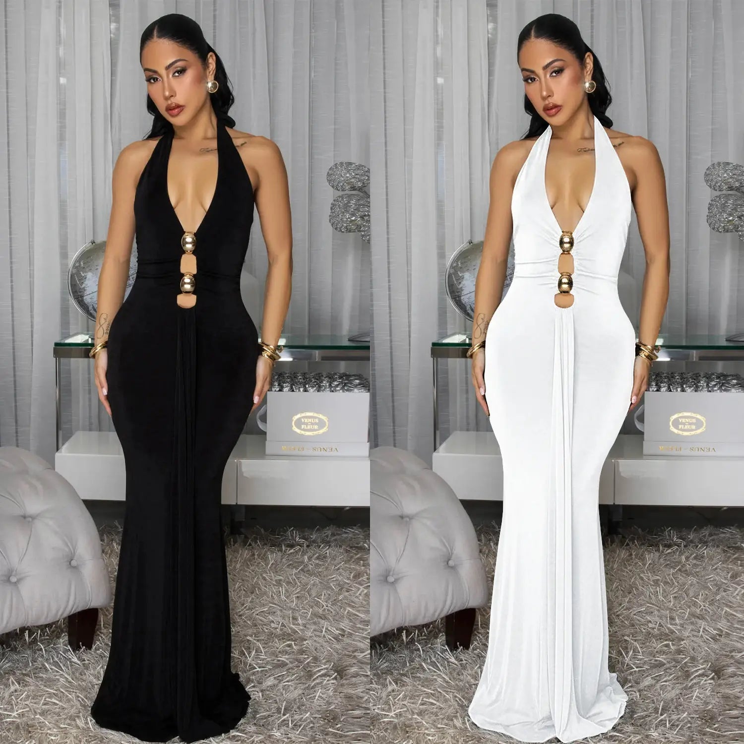 Fashion women’s sexy backless halter deep v neck solid color dress