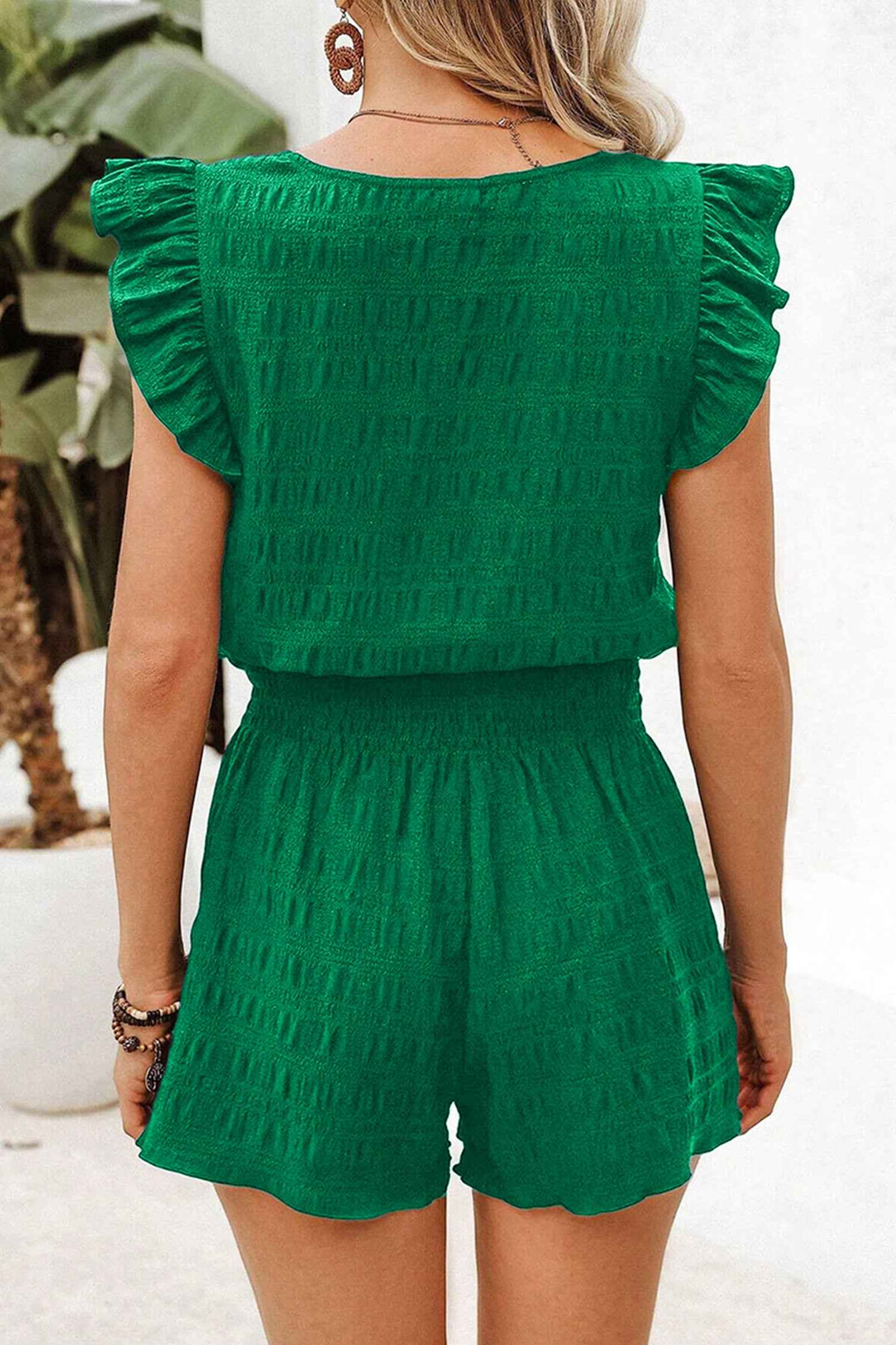Dark Green Textured Square Neck Top and Shirred High Waist Shorts Set
