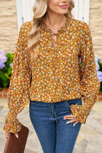 Orange Boho Floral Ruffled Bubble Sleeve V Neck Fall Blouse