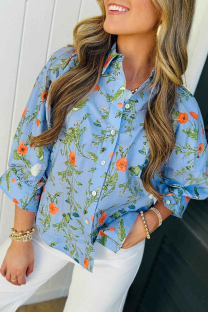 Sky Blue Floral Print Bracelet Sleeve Button Down Casual Shirt