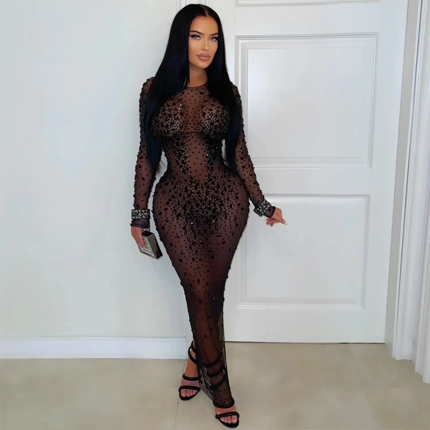 Sexy Sheer Mesh Rhinestone Bodycon Dress