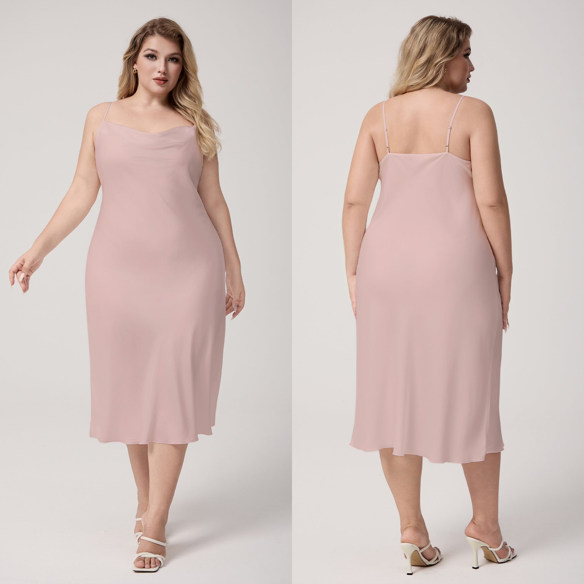 Plus Size Satin Nightdress for Women Summer One-Piece Plunge Neck Strap Loose Loungewear Sleepwear