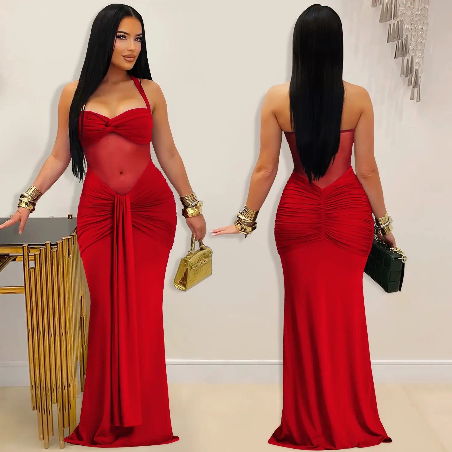 Fashion women’s sexy sheer mesh halter tie-back dress