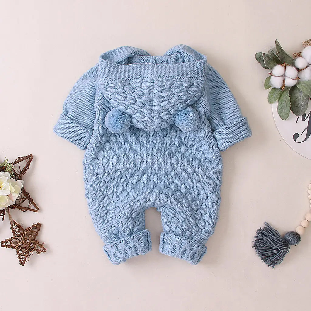 Children’s three-dimensional fur ball hooded solid color knitted jumpsuit