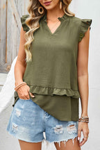 Four Leaf Clover Notched V Neck Ruffle Detail Tank Top